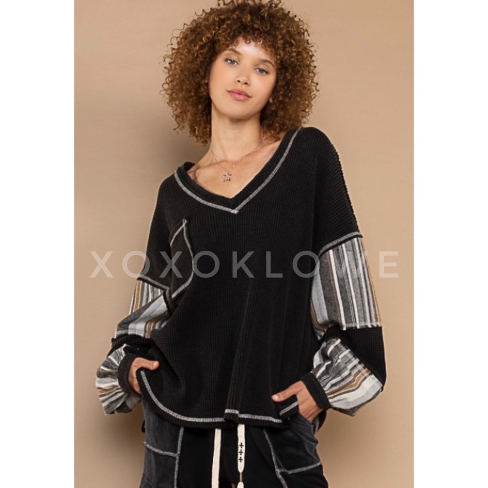 POL Black Waffle Knit Oversized Top | Striped Long Sleeve Pullover Thermal
